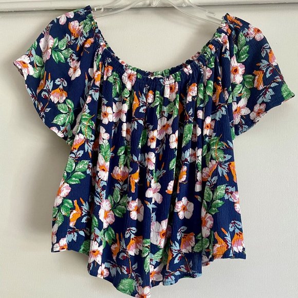 Sophie Rue Blue Floral Flutter Sleeve Off The Shoulder Crop Top Boho Blouse L - Picture 5 of 13
